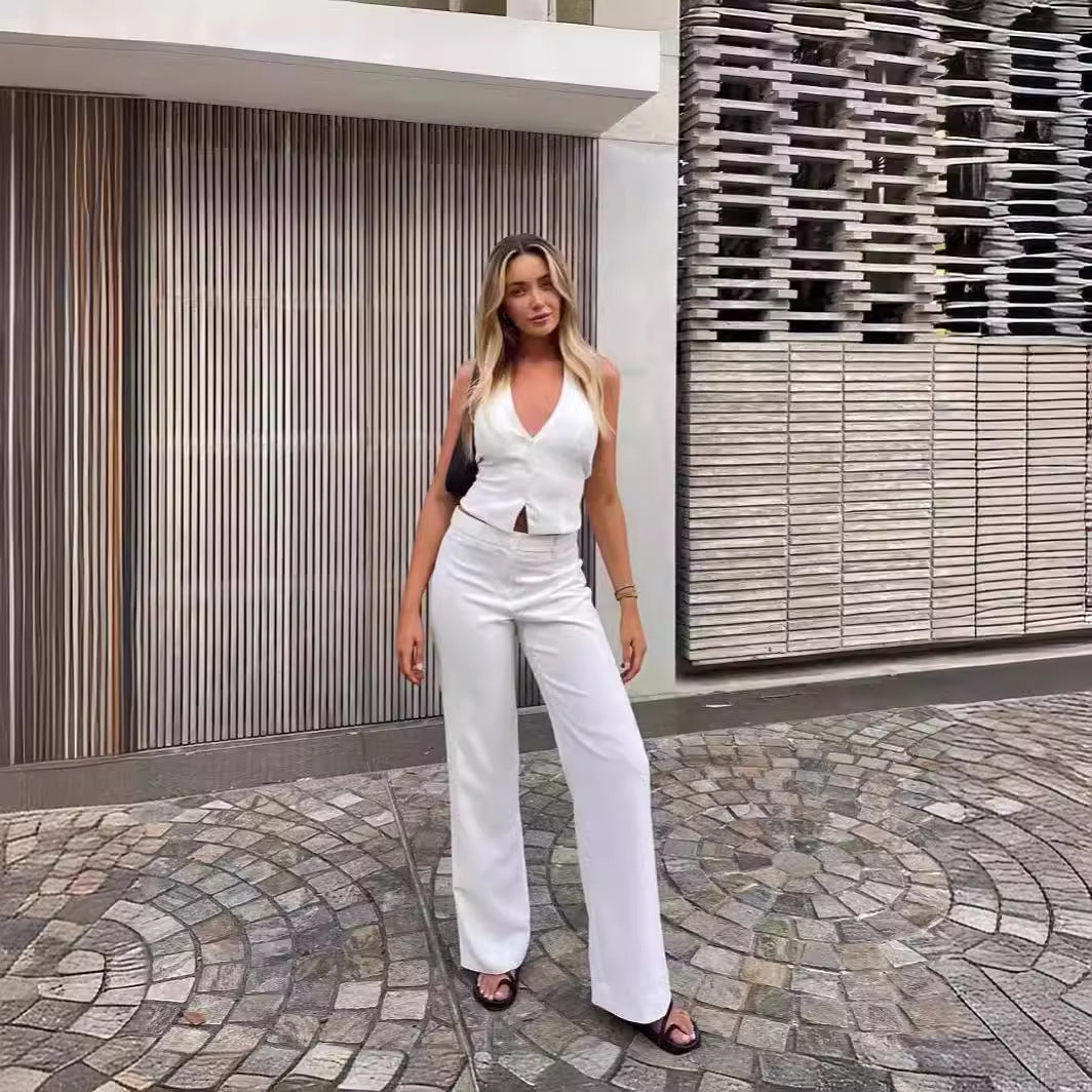 Two Piece Backless Sling Top And Trousers Suit White