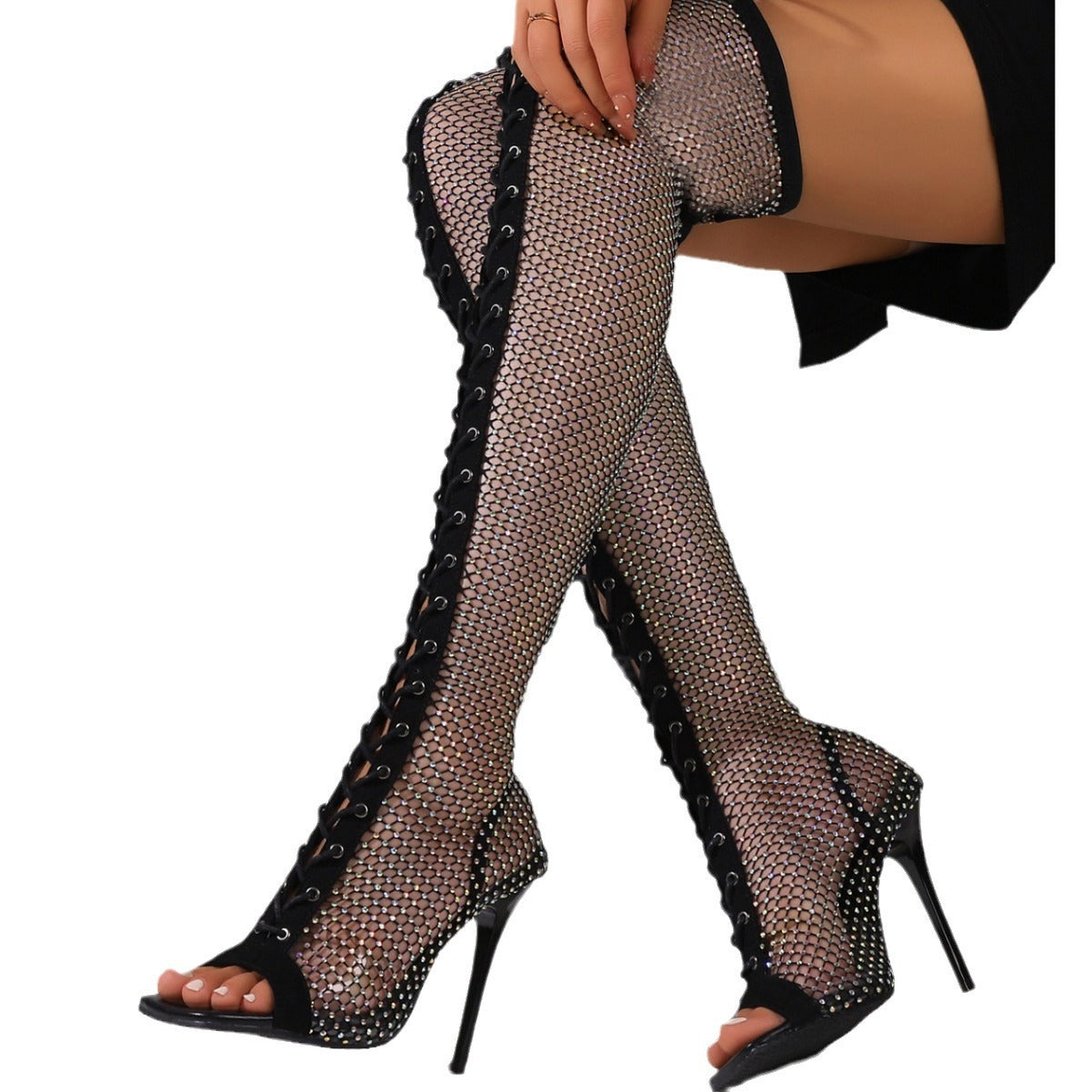 Over The Knee Mesh Stilettos crossed legs view