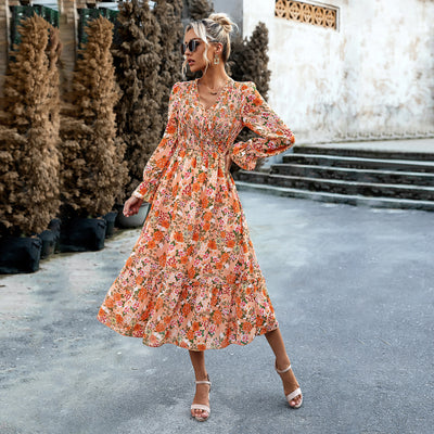 Striking Floral Design Dress Orange