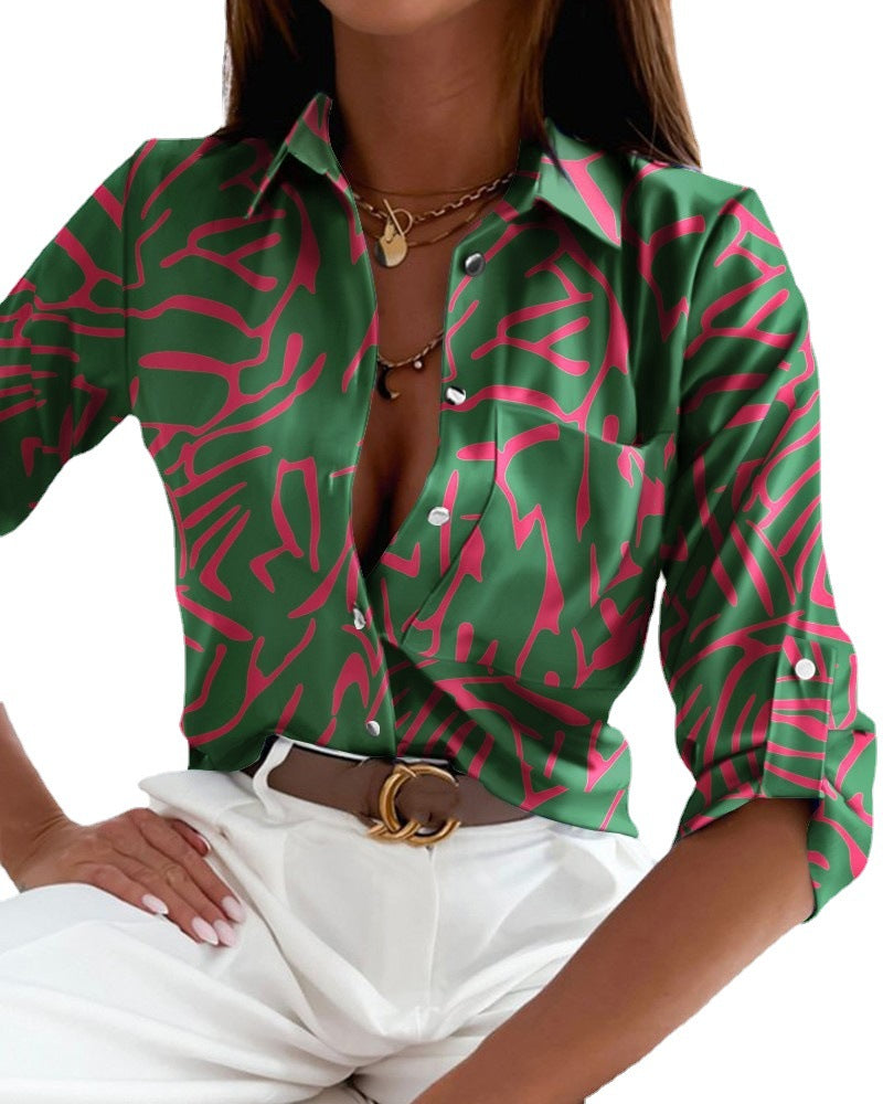 Tres Chic Ladies Shirt Green Flowers