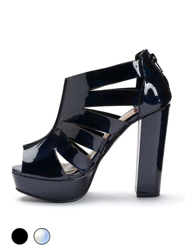 Party Chic Platform Stilettoes, Black Holographic, Vented Sides, Open Toe, Back Zipper