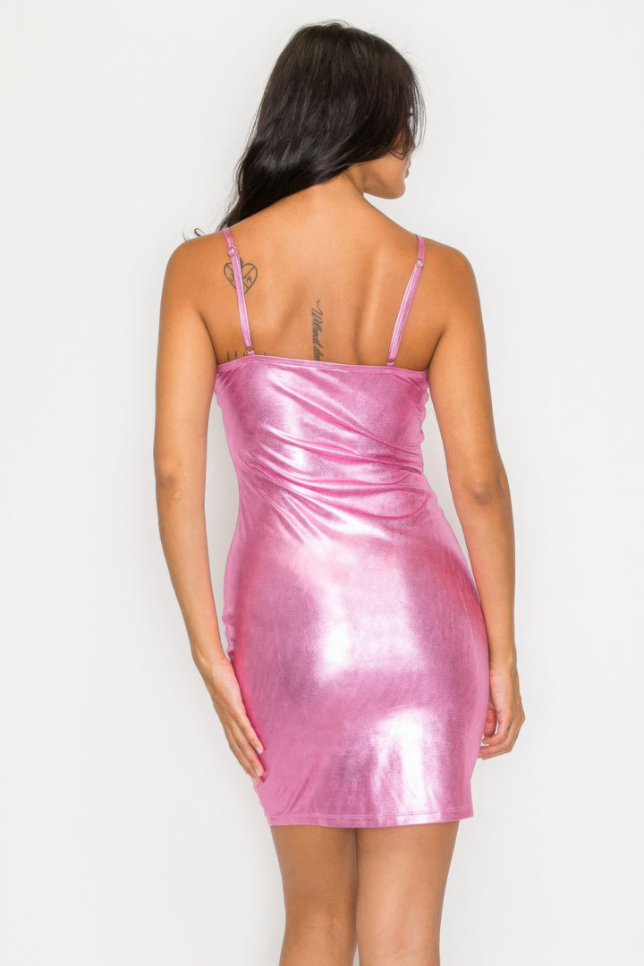 Pink Sparkle Foil Mini Dress, Sleeveless, Adjustable Straps, Scoop Neckline, close up rear view.