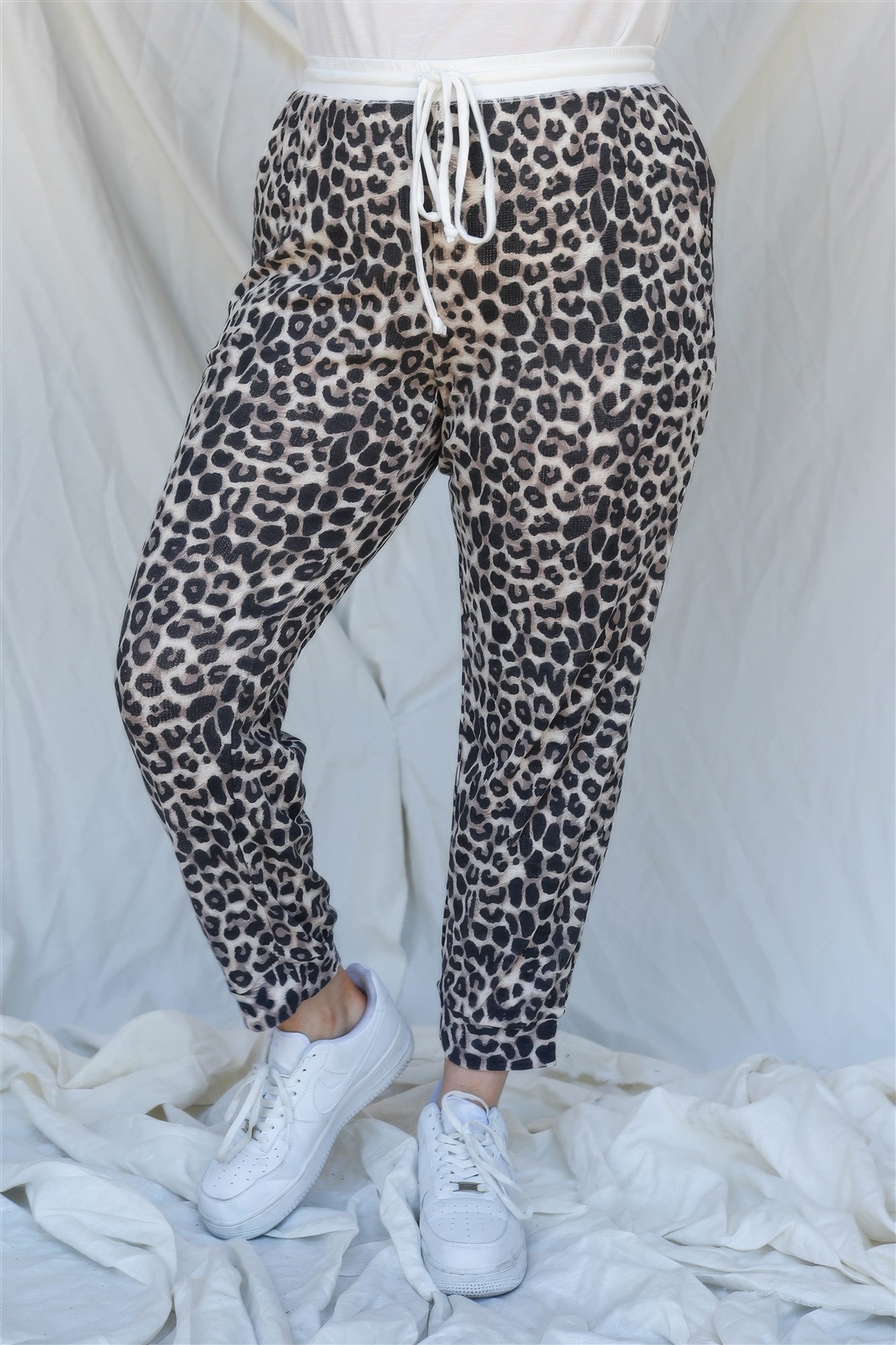 Plus Size Brown Leopard Print Jogger Pants , Inelastic, Waist Drawstring, Pockets, front view.