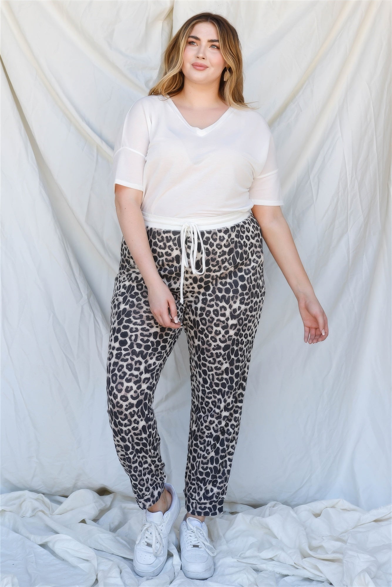 Plus Size Brown Leopard Print Jogger Pants , Inelastic, Waist Drawstring, Pockets, front view.