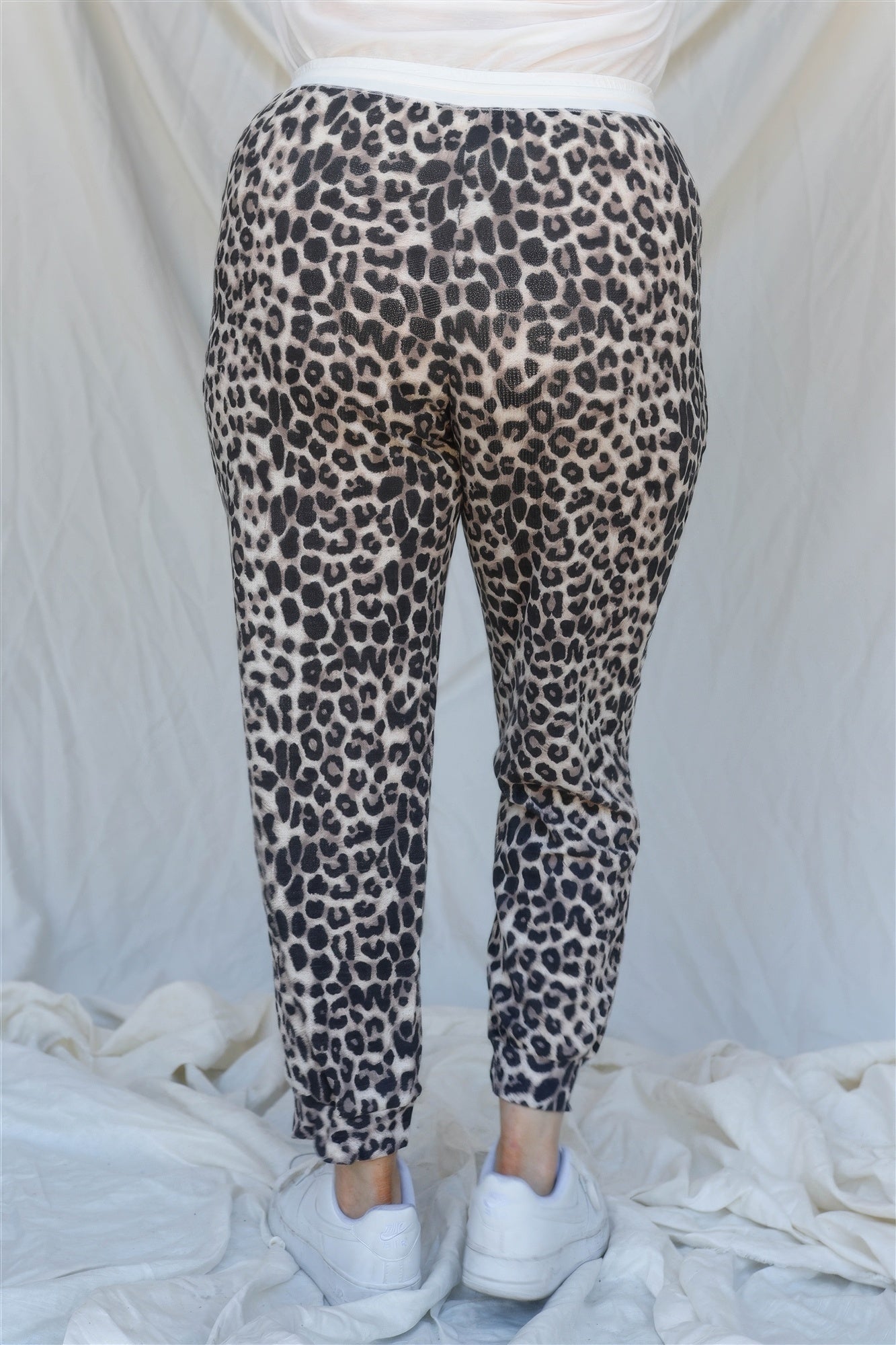 Plus Size Brown Leopard Print Jogger Pants , Inelastic, Waist Drawstring, Pockets, rear view.