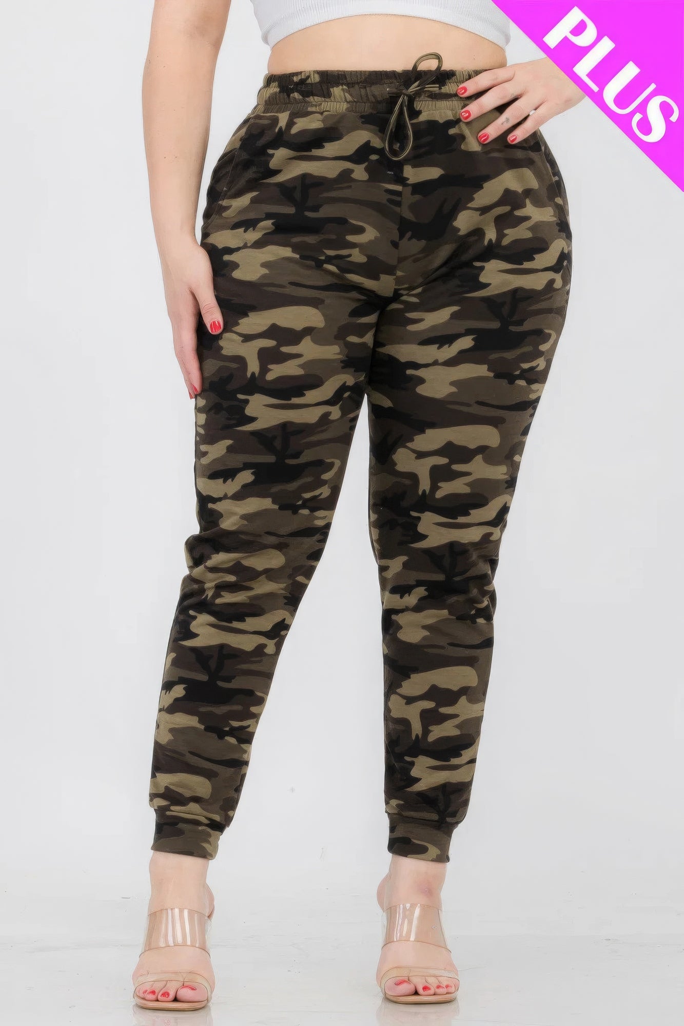 Plus Size French Terry Camo Pants, Inelastic, Waist Drawstring, Pockets, front view.