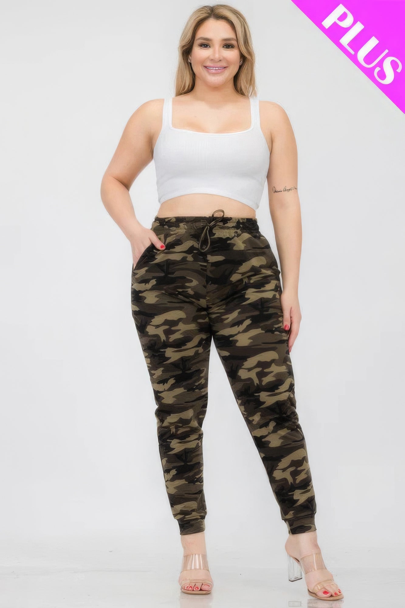 Plus Size French Terry Camo Pants, Inelastic, Waist Drawstring, Pockets, front view.