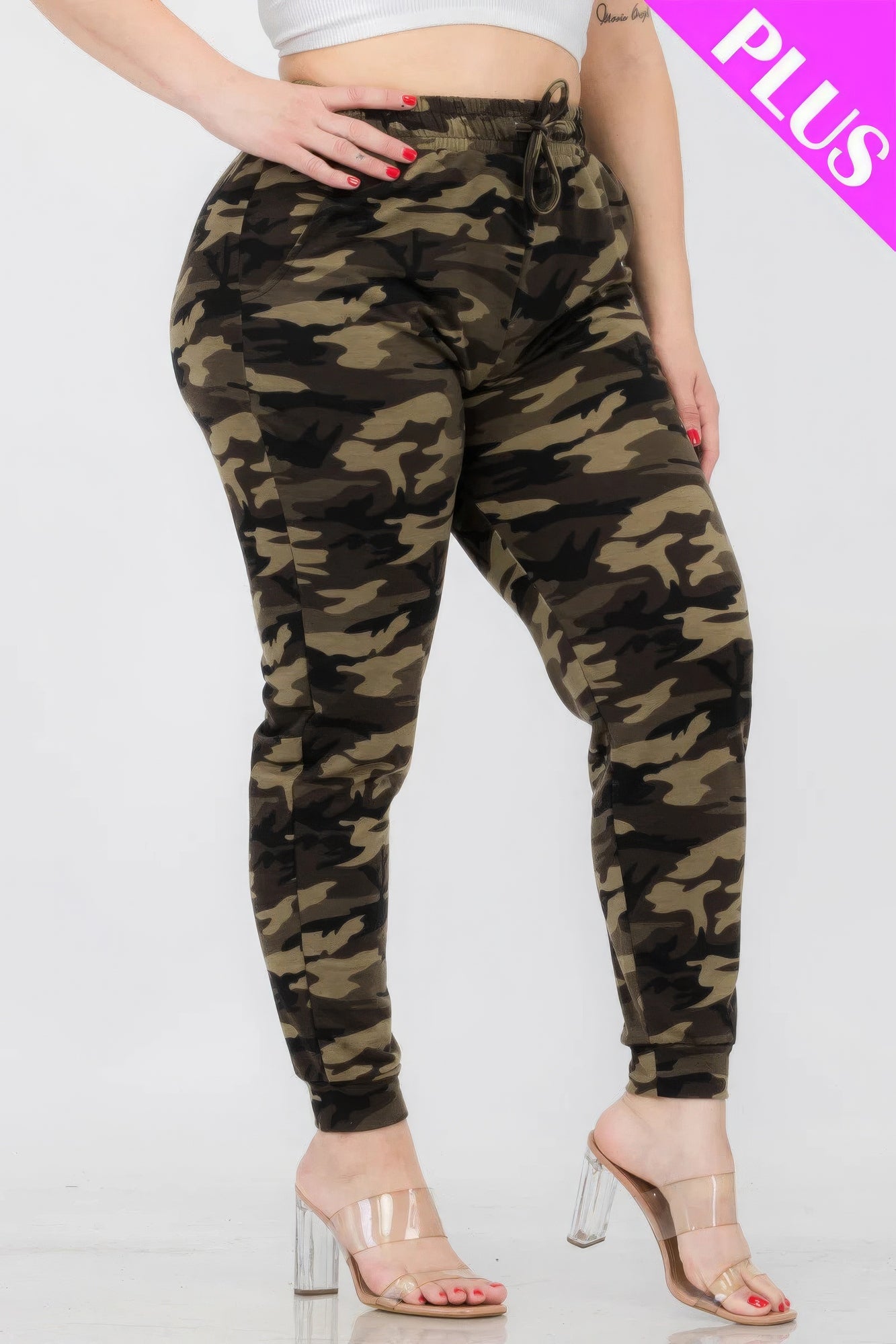 Plus Size French Terry Camo Pants, Inelastic, Waist Drawstring, Pockets, front side view