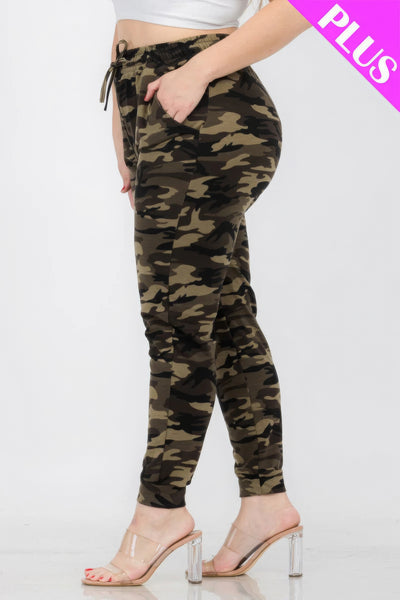 Plus Size French Terry Camo Pants, Inelastic, Waist Drawstring, Pockets, side view.