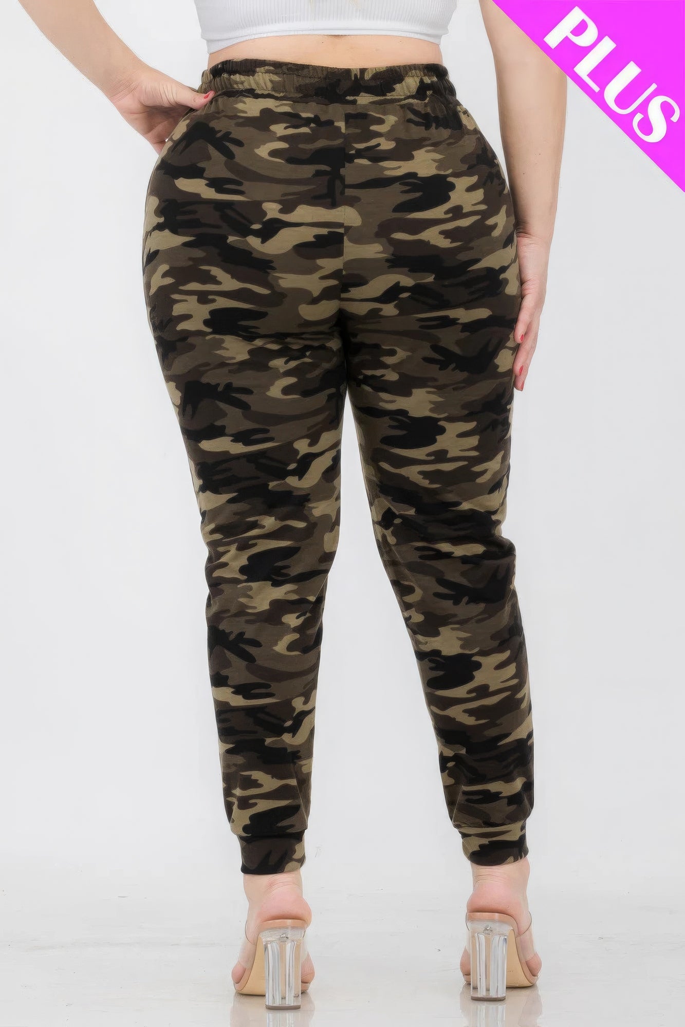 Plus Size French Terry Camo Pants, Inelastic, Waist Drawstring, Pockets, rear view.