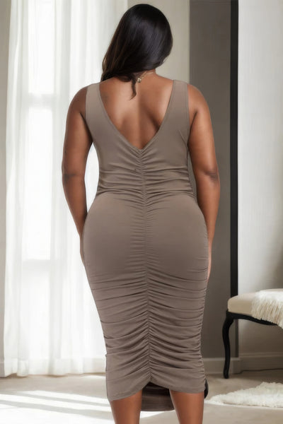 Plus Size Ruched Taupe Bodycon Midi Dress, Square Neck, V Back Line, Sleeveless, Curve Enhancing, rear view.