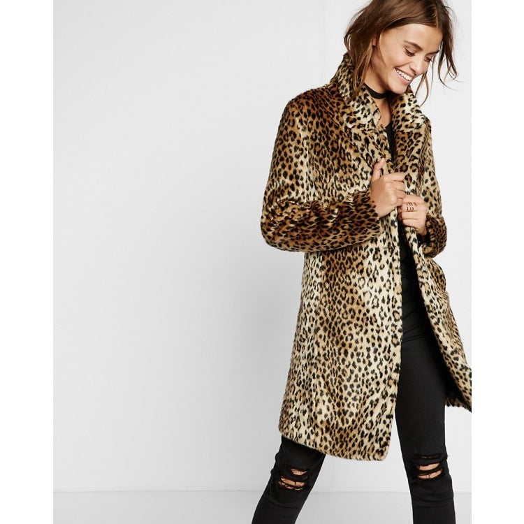 Plush Leopard Print Fur Coat front side view