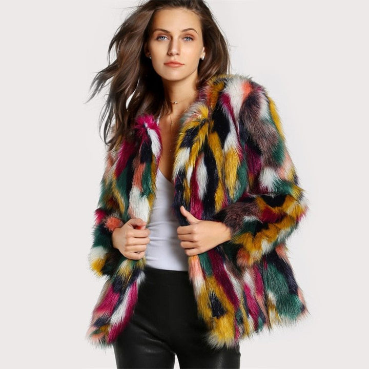 Retro Chic Fur Coat colourful front view