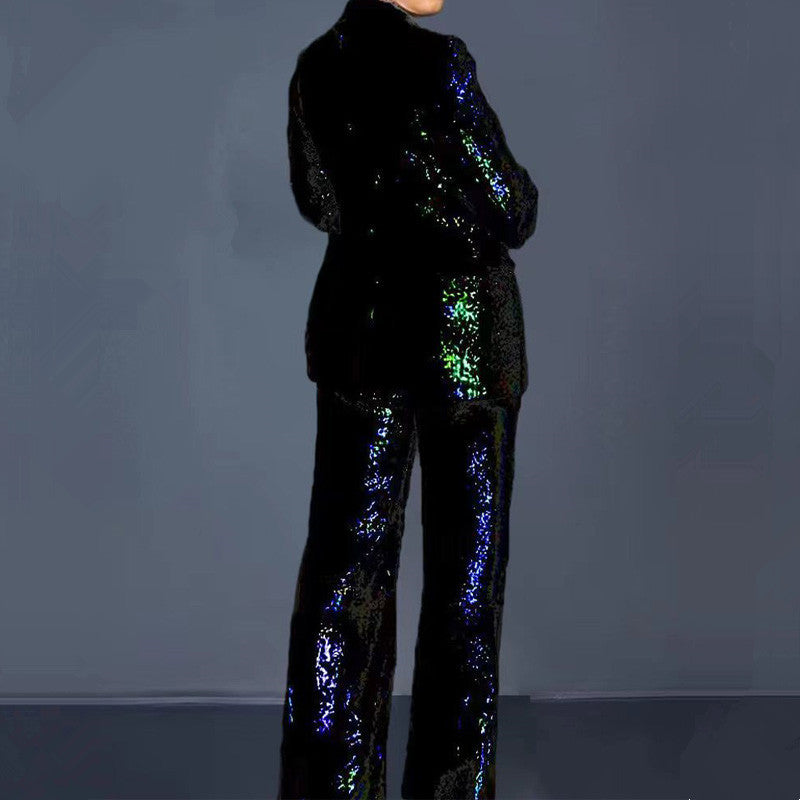 Sequined Jacket And Trousers Suit, Black, V Neck, Regular Sleeve, Buttons, Straight Leg