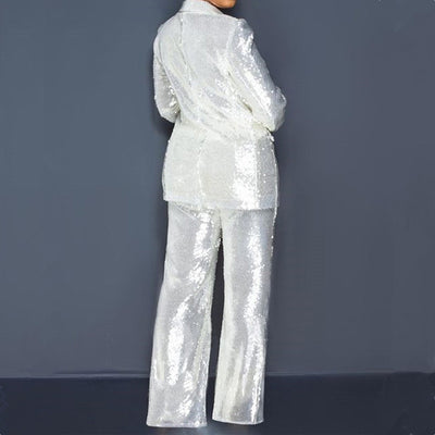 Sequined Jacket And Trousers Suit, Silver White, V Neck, Regular Sleeve, Buttons, Straight Leg, Rear image