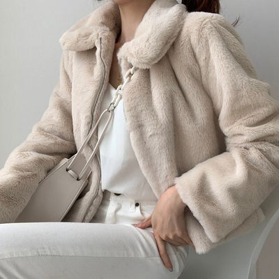 Short Thick Fur Coat Apricot, Long Sleeve, Collar, Zipper, Hip Length