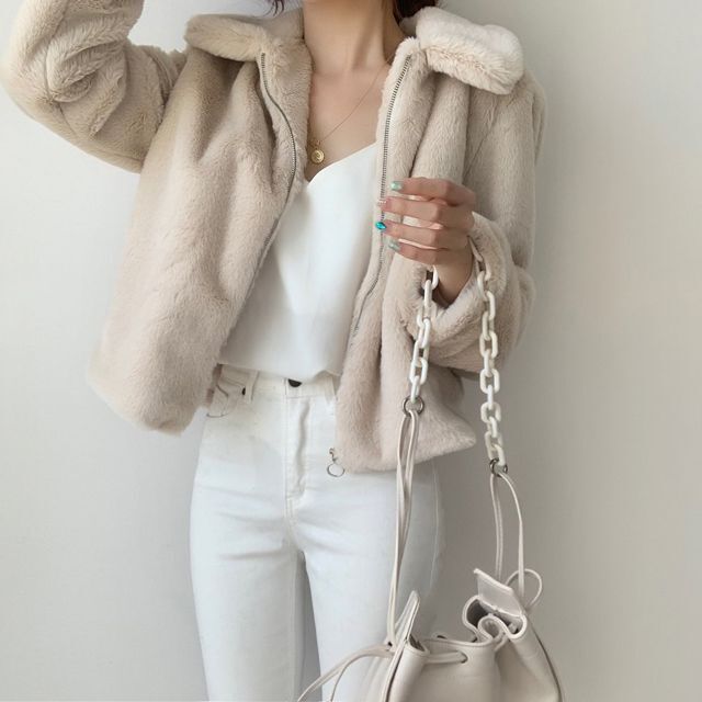 Short Thick Fur Coat Apricot, Long Sleeve, Collar, Zipper, Hip Length