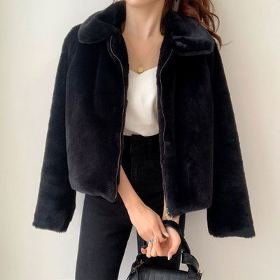 Short Thick Fur Coat Black, Long Sleeve, Collar, Zipper, Hip Length, front view.