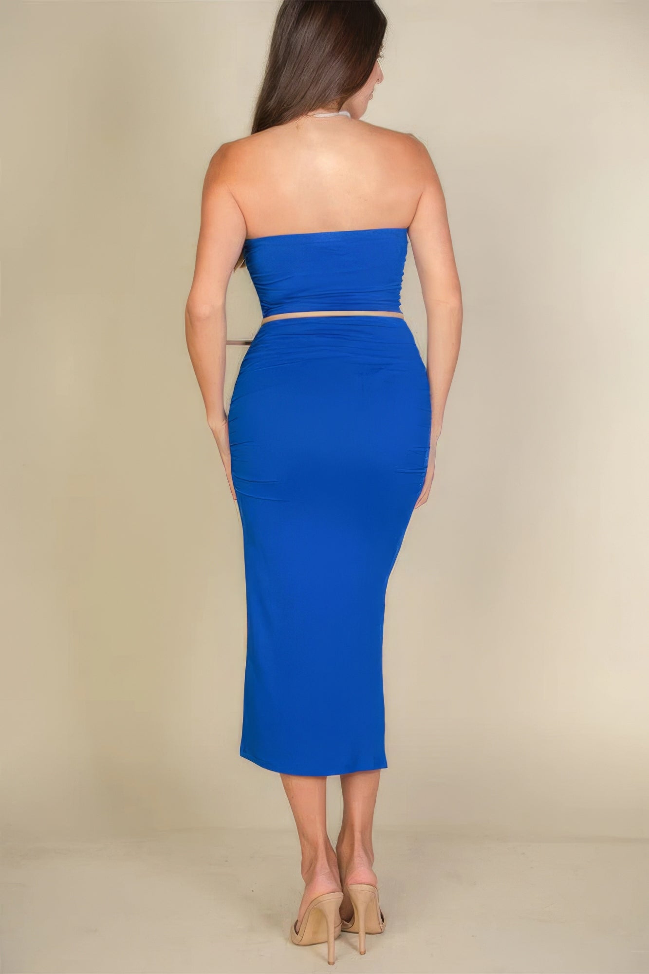 Solid Royal Blue Bodycon, Split Hem, Off the Shoulder, Sleeveless, rear view.