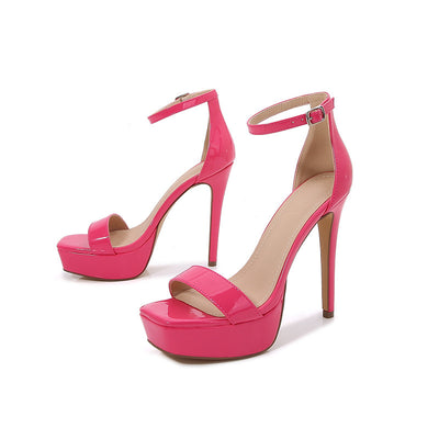 Square Toe Platform Stilettos Pink, Platform, Buckle Strap, side view