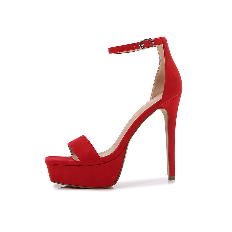 Square Toe Platform Stilettos Red, Platform, Buckle Strap, side view.