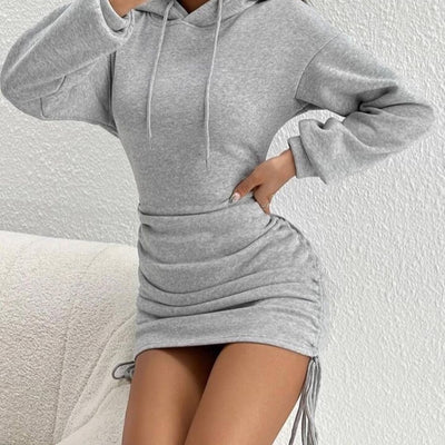 Stylish Hooded Sheath Dress Grey, Hoodie, Drawstring