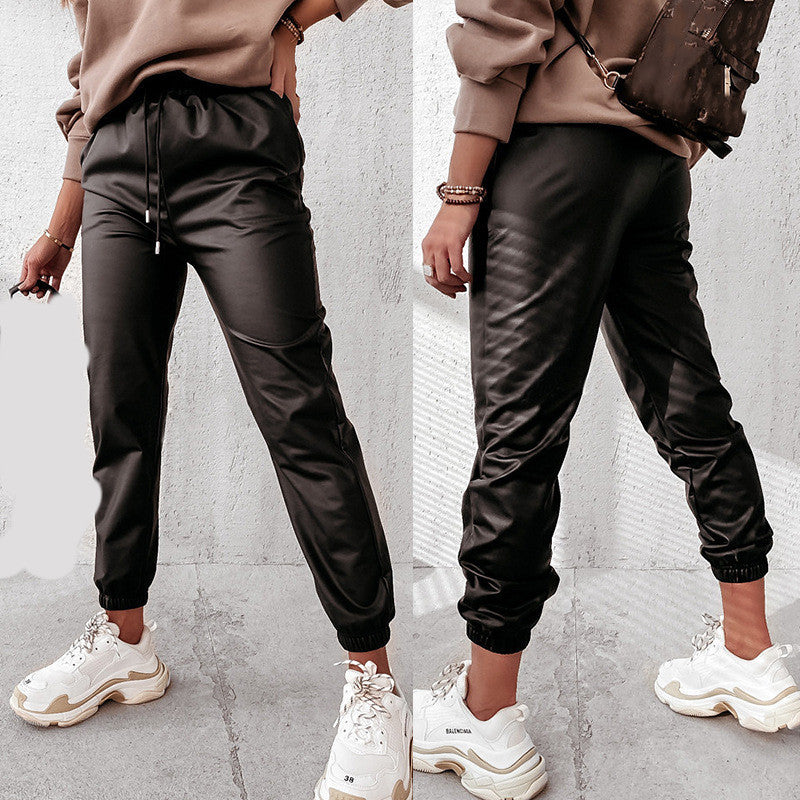 Stylish Loose Fit, Soft Leather Pants, Black, Drawstring, Inelastic.