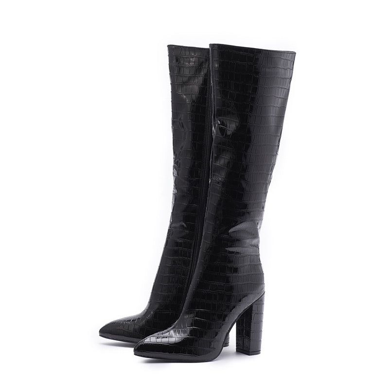 Stylish Pointed Solid Heel Boots Black right side view