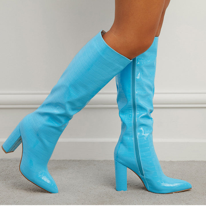 Stylish Pointed Solid Heel Boots Blue side view