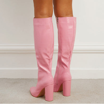 Stylish Pointed Solid Heel Boots Pink rear view