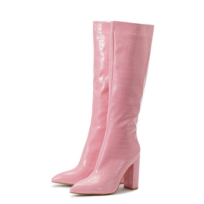 Stylish Pointed Solid Heel Boots Pink right side view