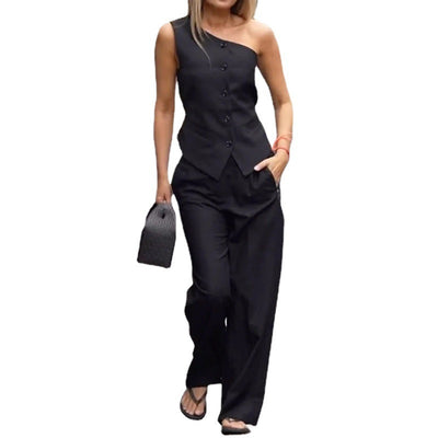 Stylish Two Piece Waistcoat & Trousers Black front view