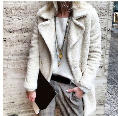 Super Chic Fur Over Coat White front view, long sleeve, lapels, buttons