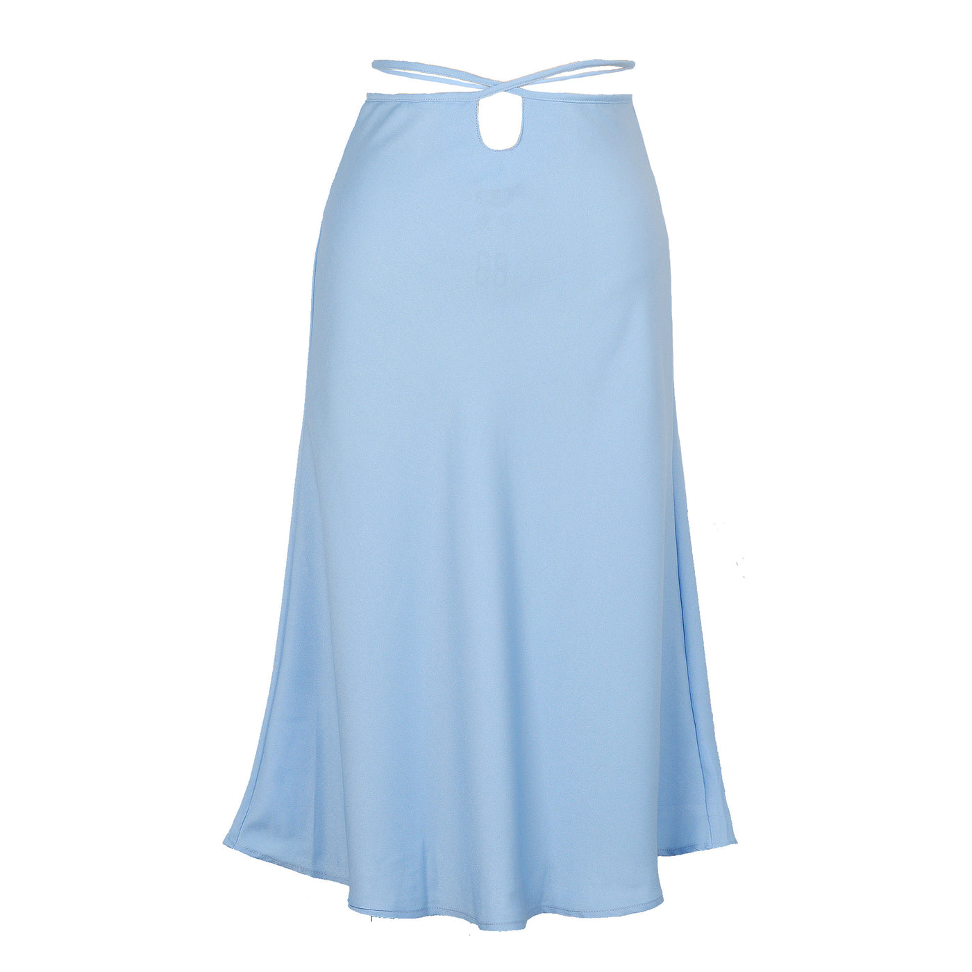 Super Chic Lace Up Skirt, Sky Blue, Knee Length, Zipper, Waist Tie, front view.