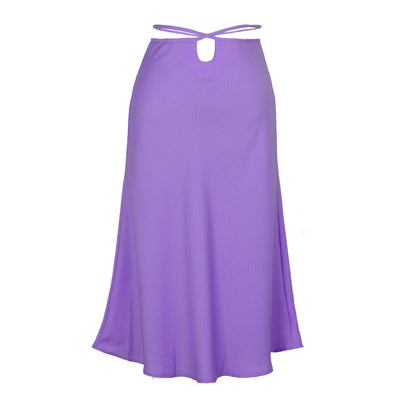 Super Chic Lace Up Skirt, Purple, Knee Length, Zipper, Waist Tie, front view.