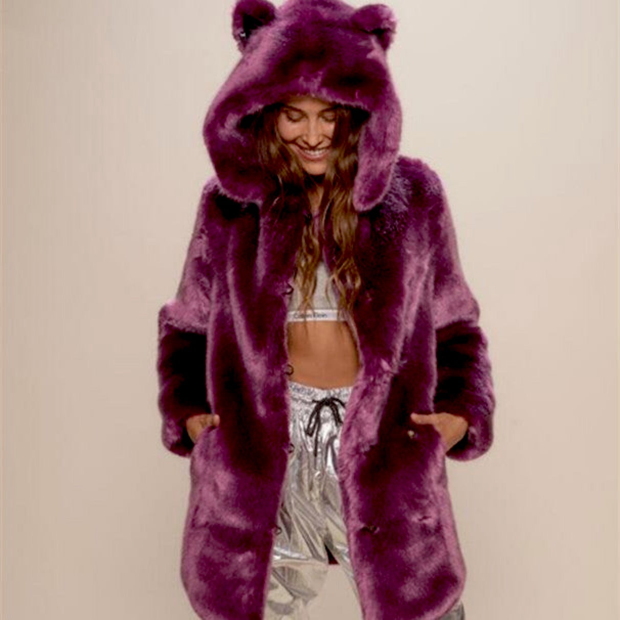 Super Chic Purple Hooded Fur Coat front view, pockets, hoodie ears