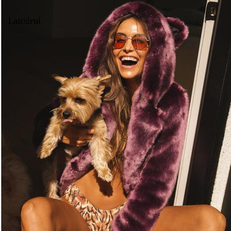 Super Chic Purple Hooded Fur Coat front view image 2