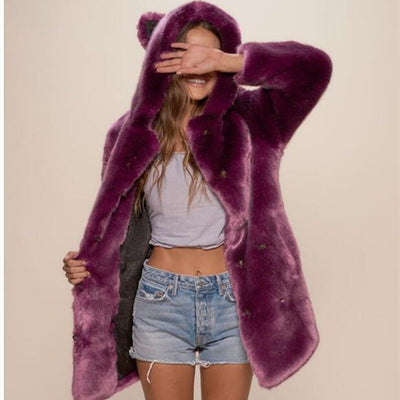 Super Chic Purple Hooded Fur Coat front view image 3