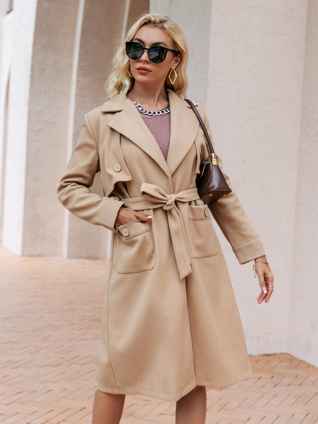 Super Stylish Coat, Camel, Belt, Pockets, Lapels, Collar Buttons, Long Sleeve