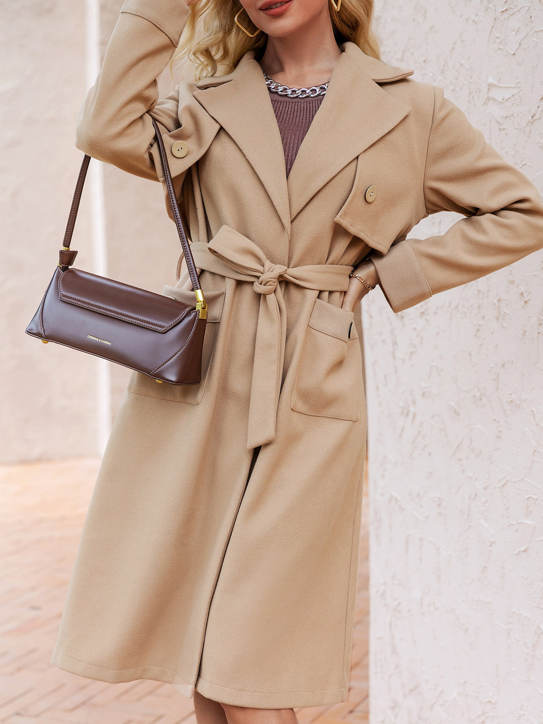 Super Stylish Coat, Camel, Belt, Pockets, Lapels, Collar Buttons, Long Sleeve, front view close up.