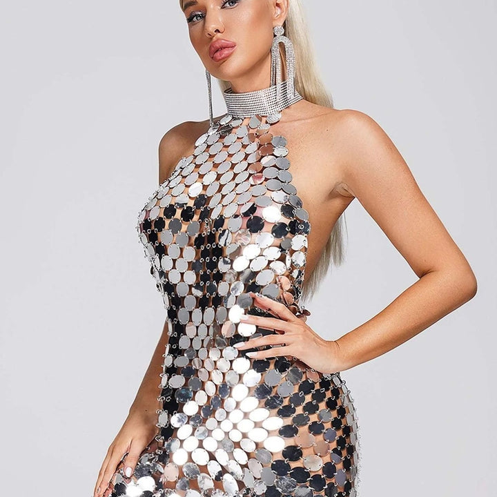 Super Stylish Sequin Dress, Sleeveless, Round Neck Collar, front side view, close up.