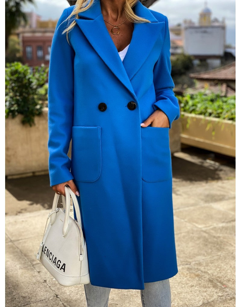 Super Woollen Long Coat Blue front view