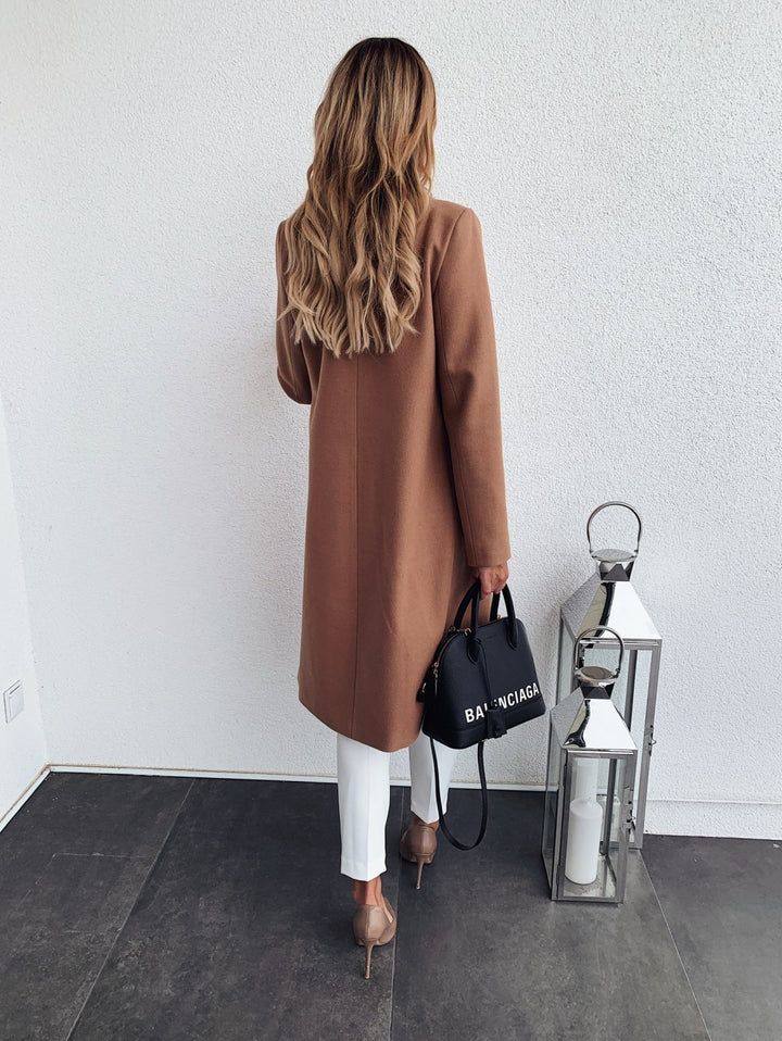 Super Woollen Long Coat Khaki rear view image