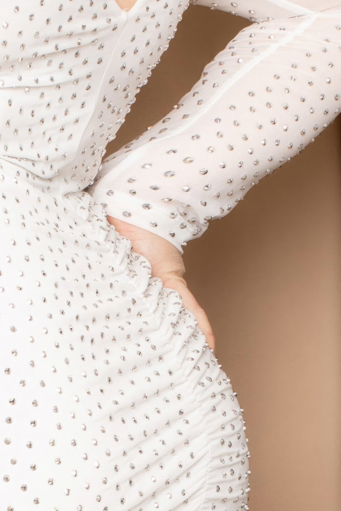 Translucent Silver Rhinestone Plus Midi Dress, Long Sleeve, V Back, rear view close up.