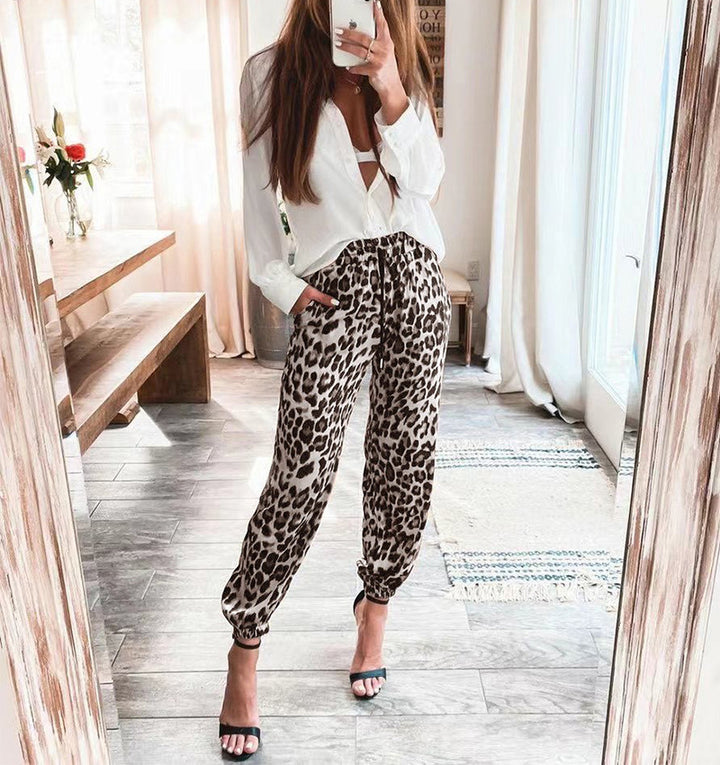 Trendy Leopard Print Pants Beige