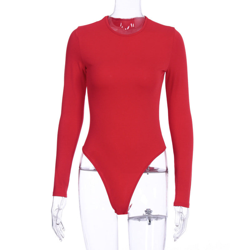 Tube T Shirt Bodysuit Red, Long Sleeve, Round Neck, Solid Colour