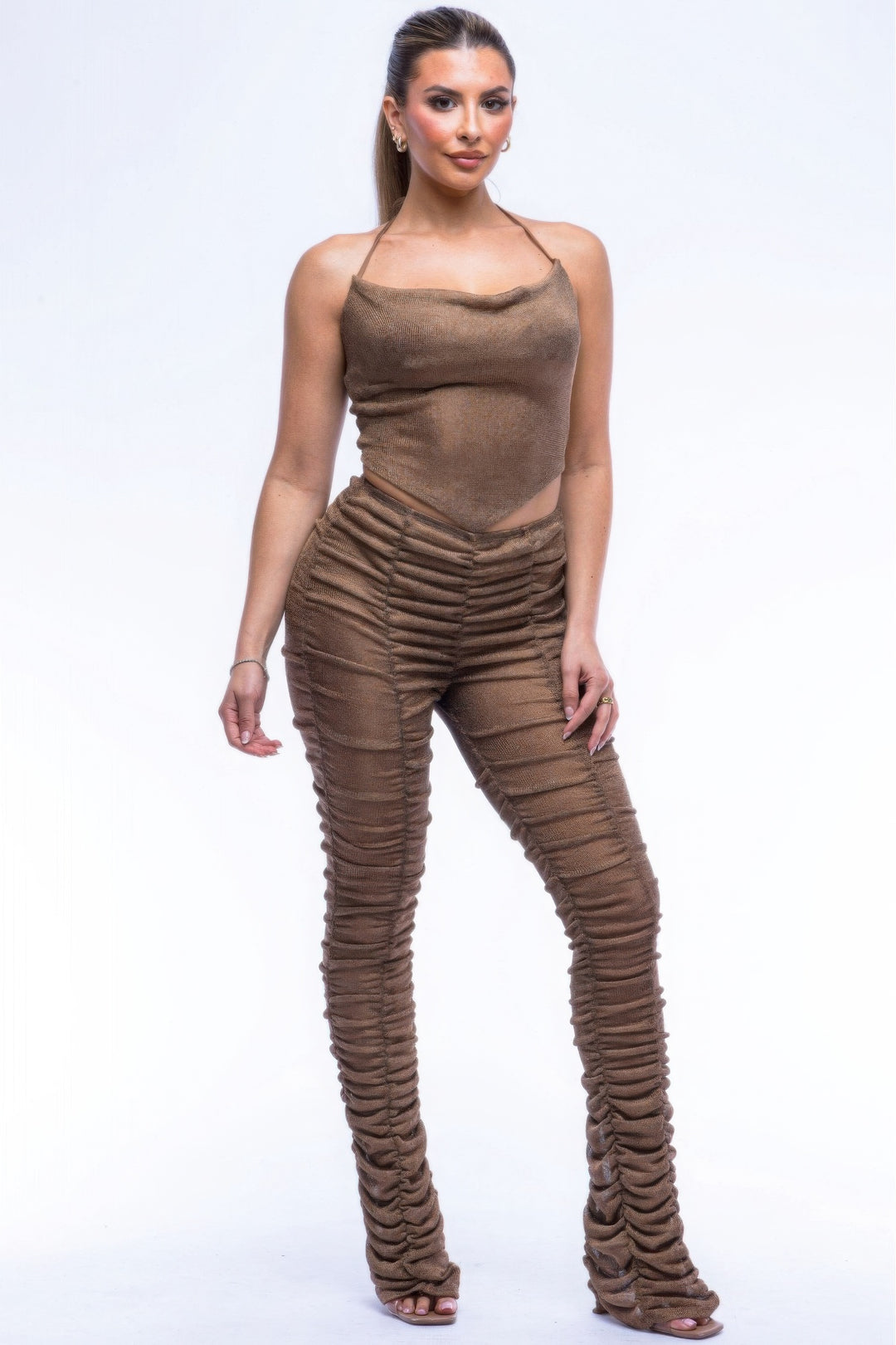 Two Piece Halter Top Ruched Pants Set, Bronze, Shimmer, Sleeveless, Stretch Fabric, front view.