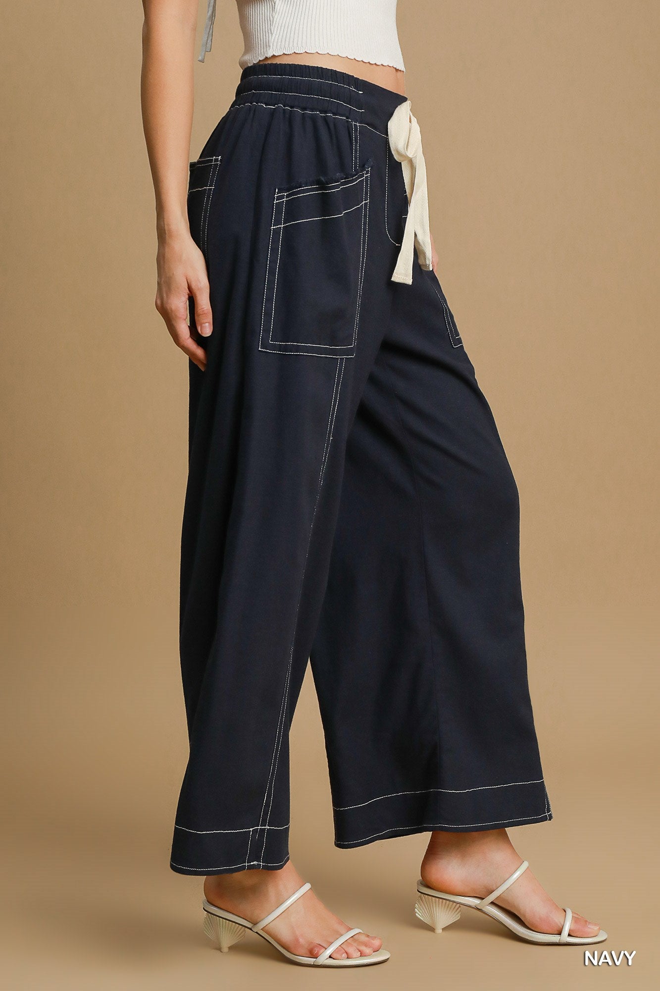 Wide Leg Cut Pants, Navy, Pockets, Breathable, Lightweight, Waist Tie, front side view.