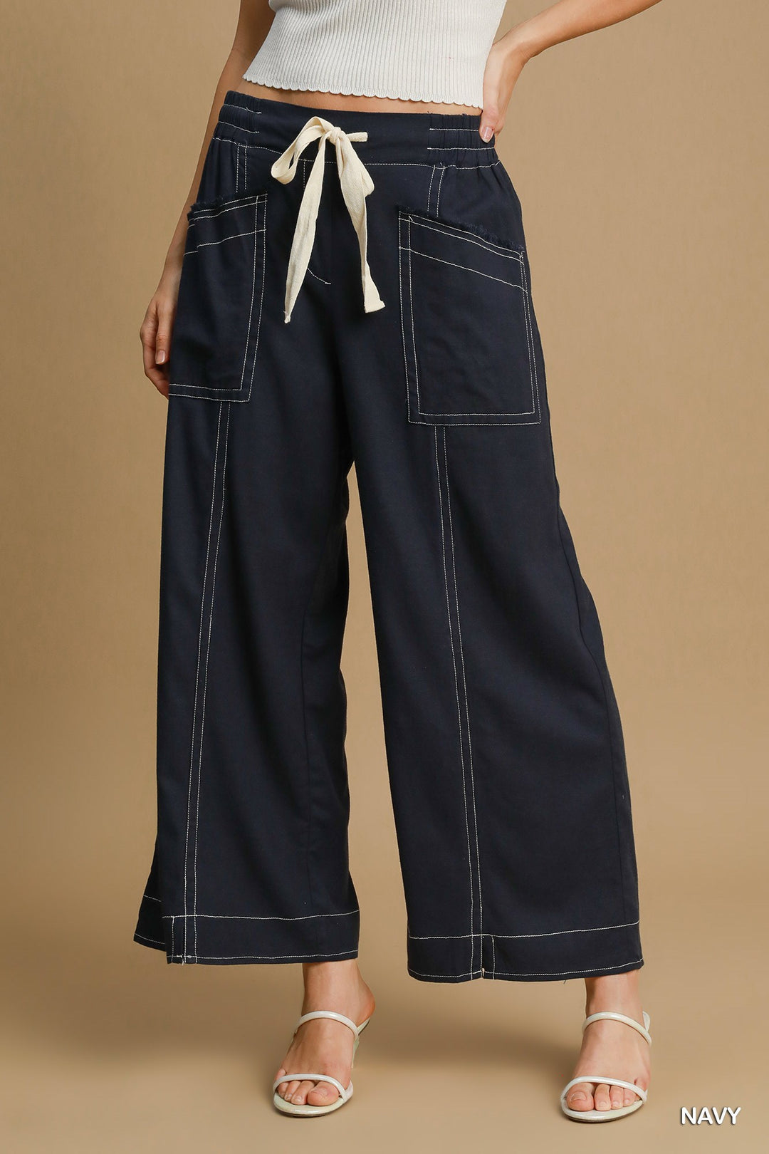 Wide Leg Cut Pants, Navy, Linen, Pockets, Breathable, Lightweight, Waist Tie, front view.