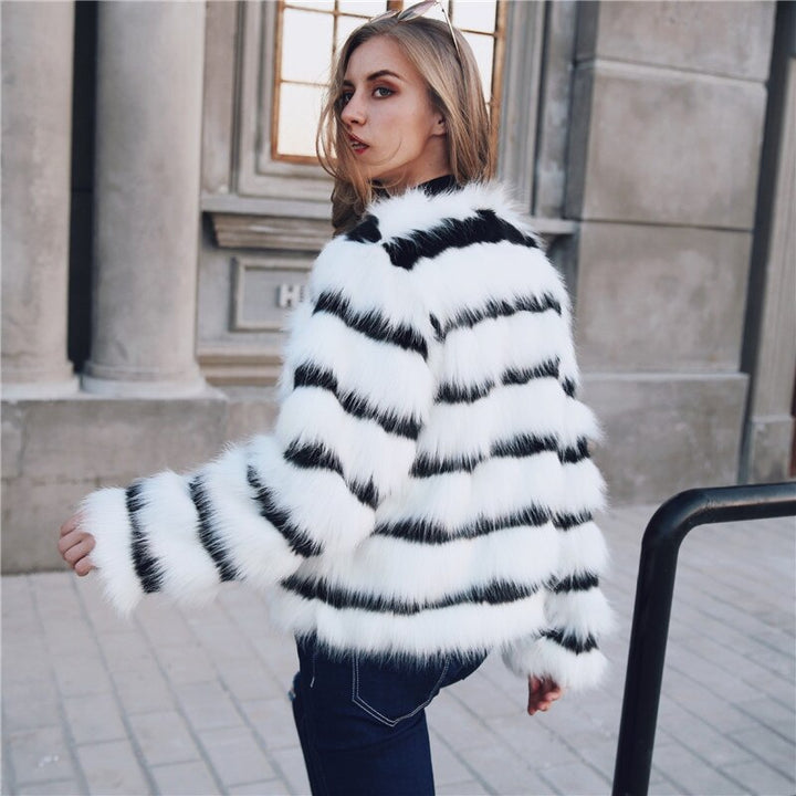 Super Chic Black & White Striped Fur Coat